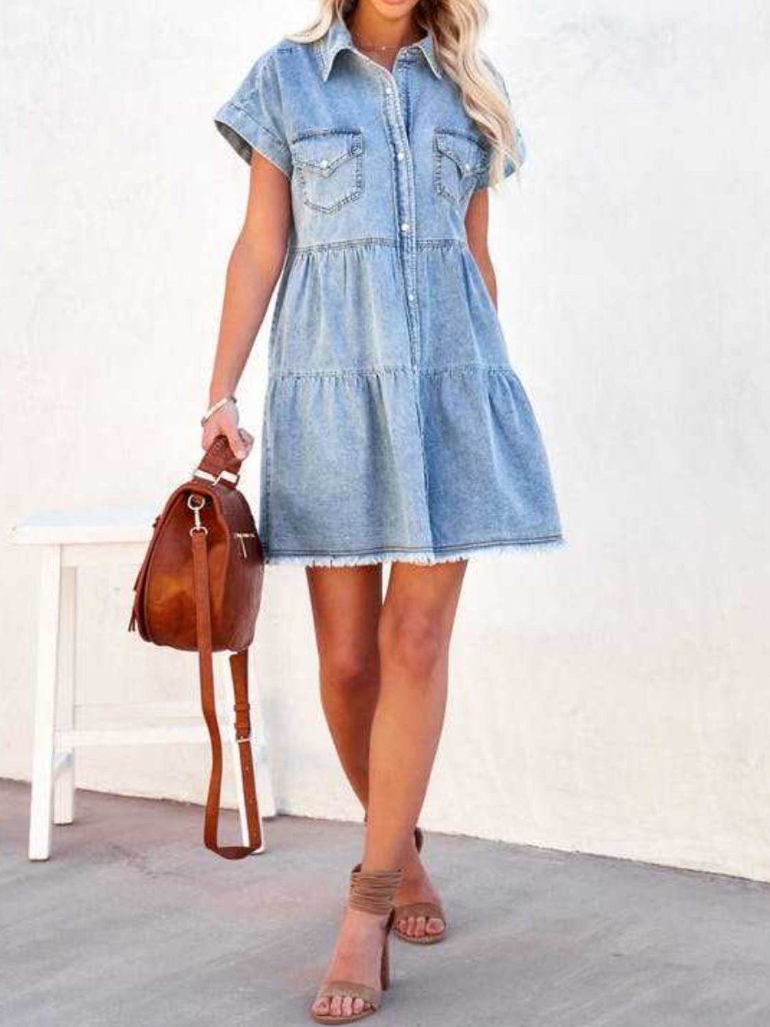 Raw Hem Short Sleeve Denim Dress - Scarlett's Riverside Boutique 