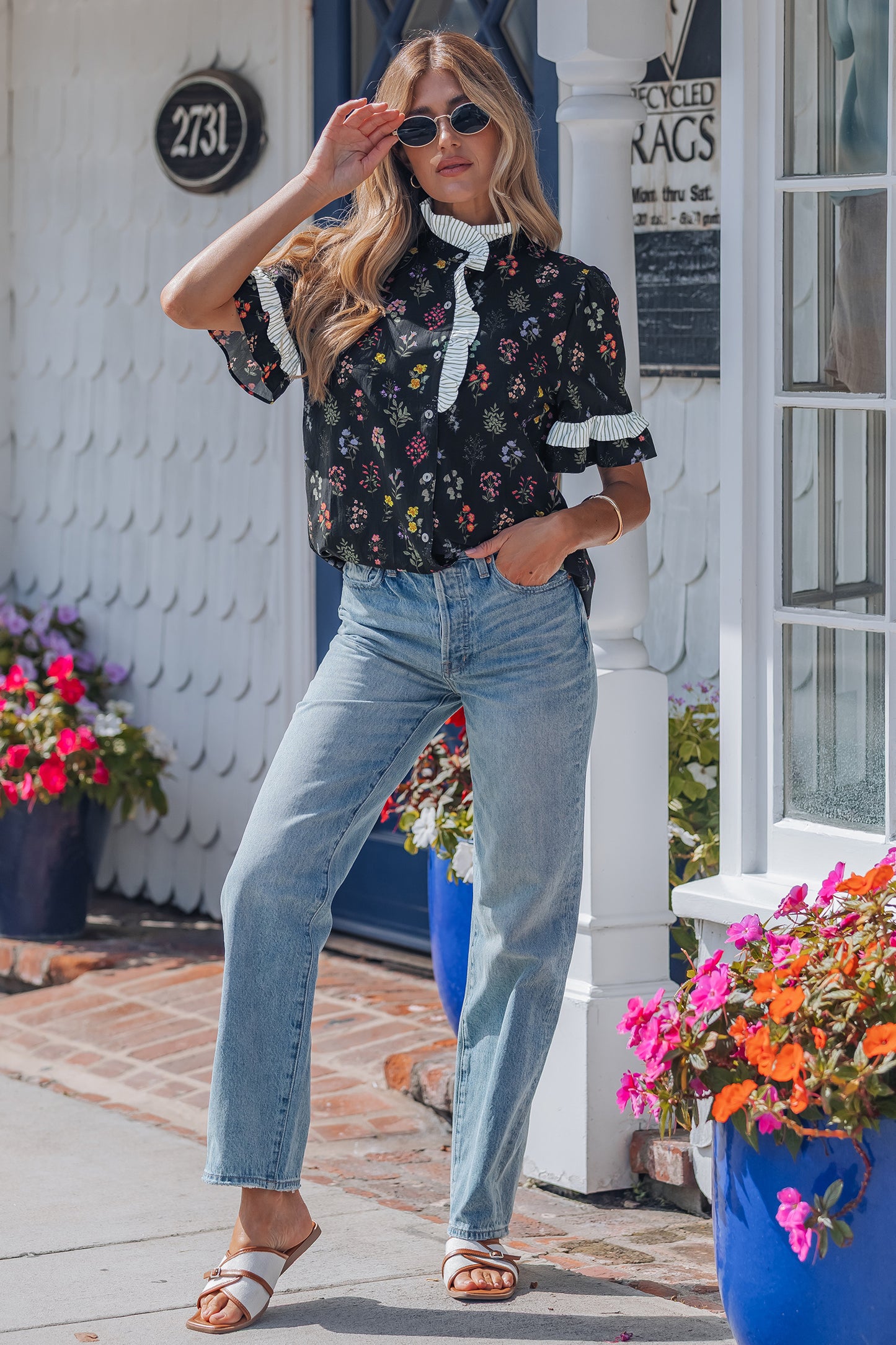 Women’s Black Floral Ruffle Blouse | Button Down Romantic Cottagecore Top with Striped Detail