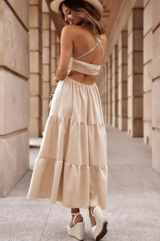 Oatmeal Crossover Backless Bodice Tiered Maxi Dress - Scarlett's Riverside Boutique
