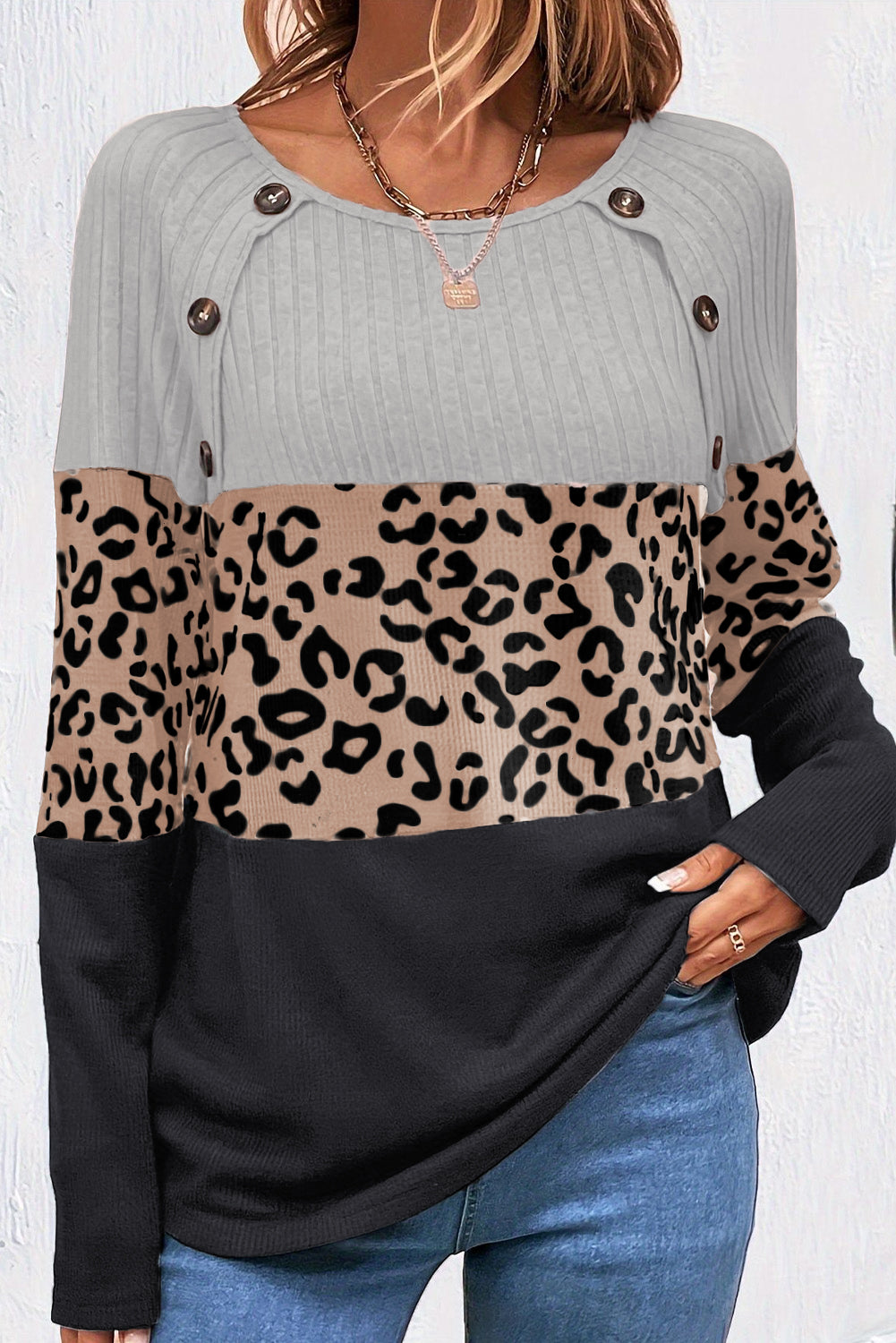 Gray Cheetah Textured Patchwork Buttoned Round Neck T Shirt - Scarlett's Riverside Boutique 