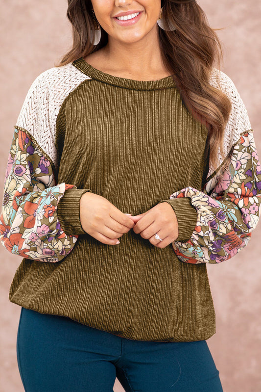Brown Floral Patchwork Puff Sleeve Textured Blouse - Scarlett's Riverside Boutique
