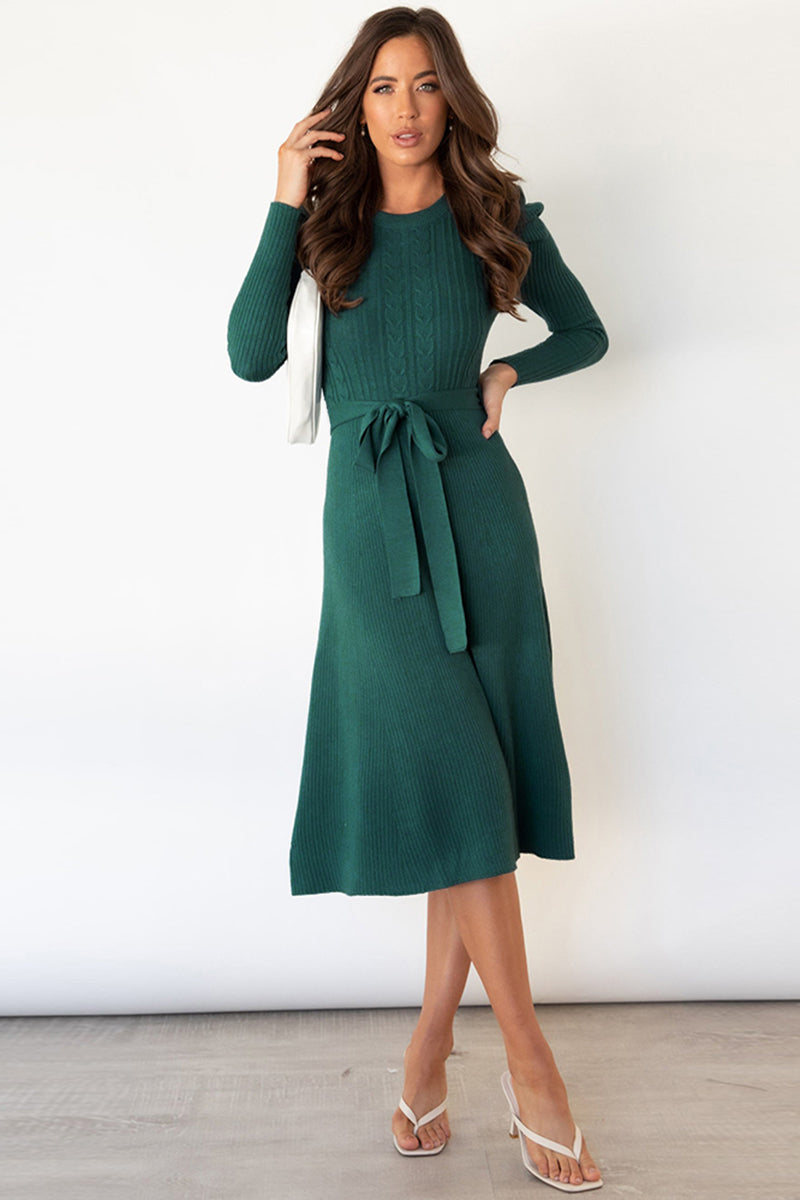 Round Neck Long Sleeve Tie Waist Sweater Dress - Scarlett's Riverside Boutique 