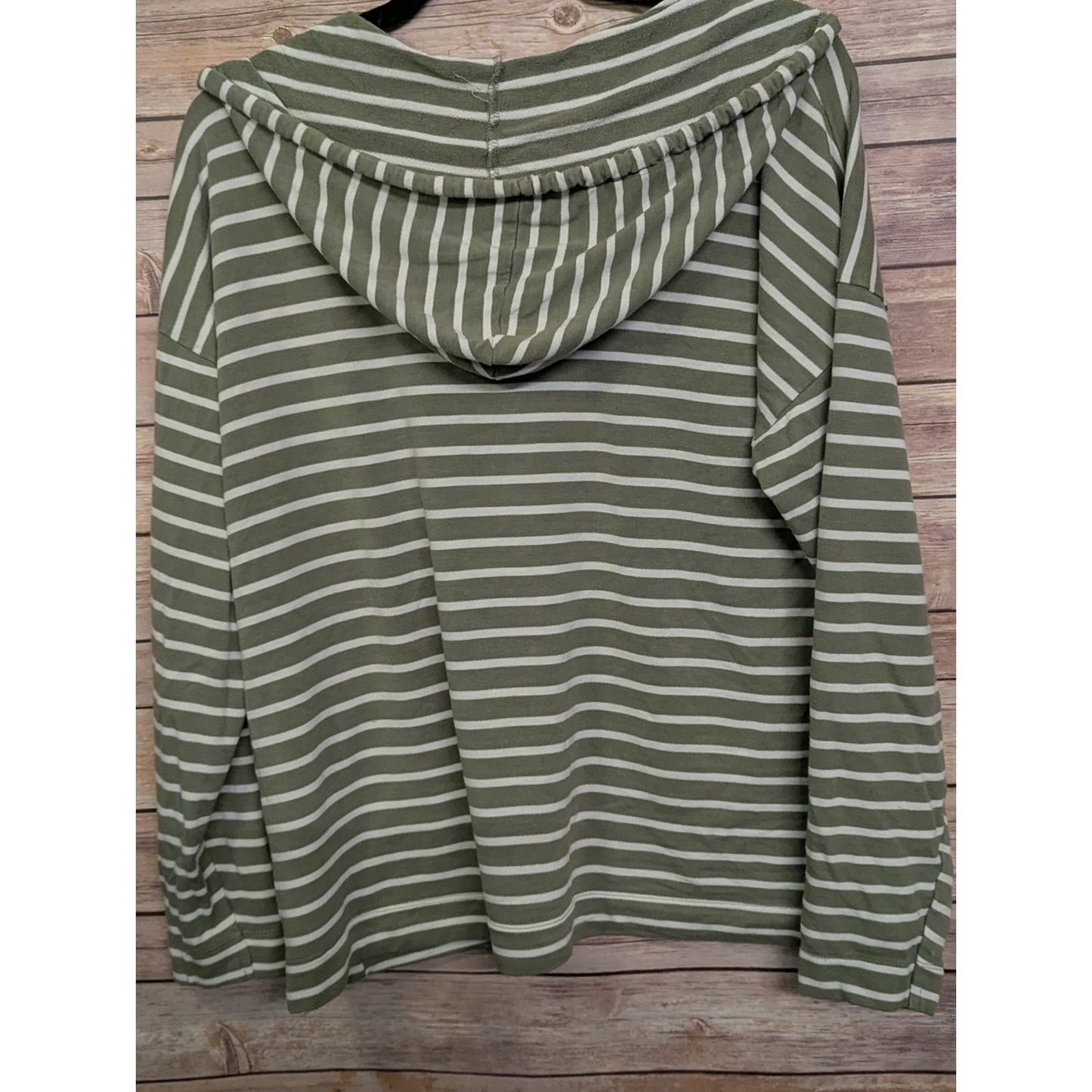Buffalo David Bitton Hooded Striped Top Medium Olive Green White V-Neck Long Sle
