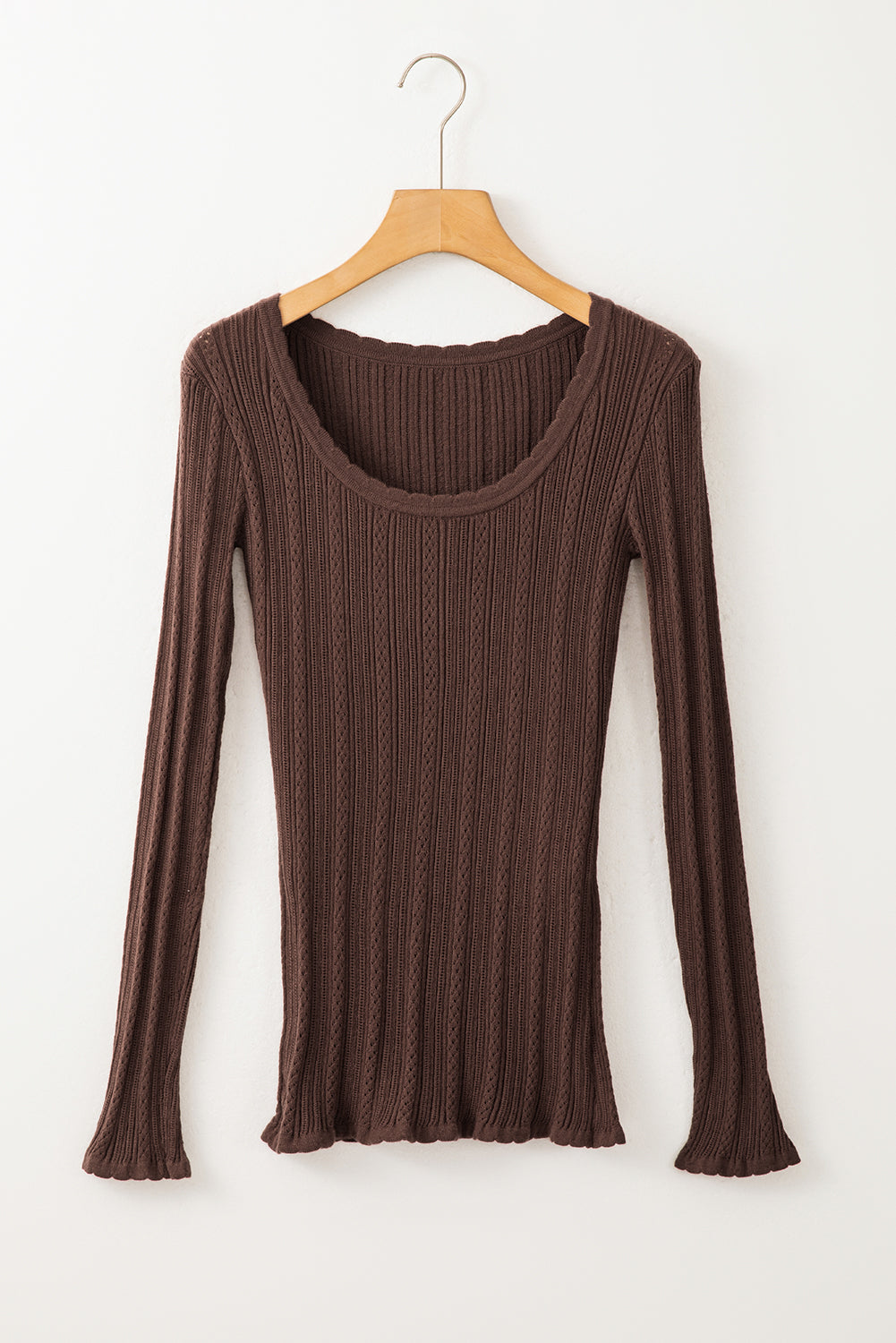 Coffee Solid Color Rib Knit U Neck Slim Fit Long Sleeve Top - Scarlett's Riverside Boutique 