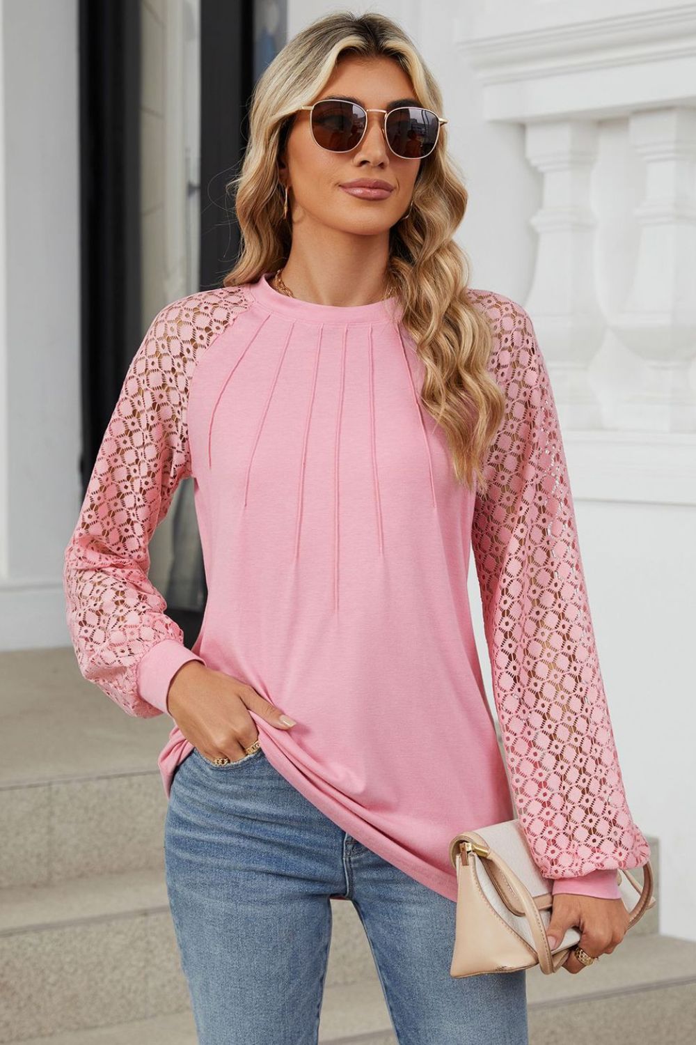 Round Neck Lace Long Sleeve Top - Scarlett's Riverside Boutique 