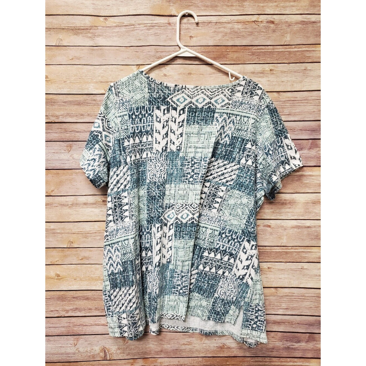Boho, Woman Within Plus 1X 22/24 Teal White Geometric V-Neck Tunic Top