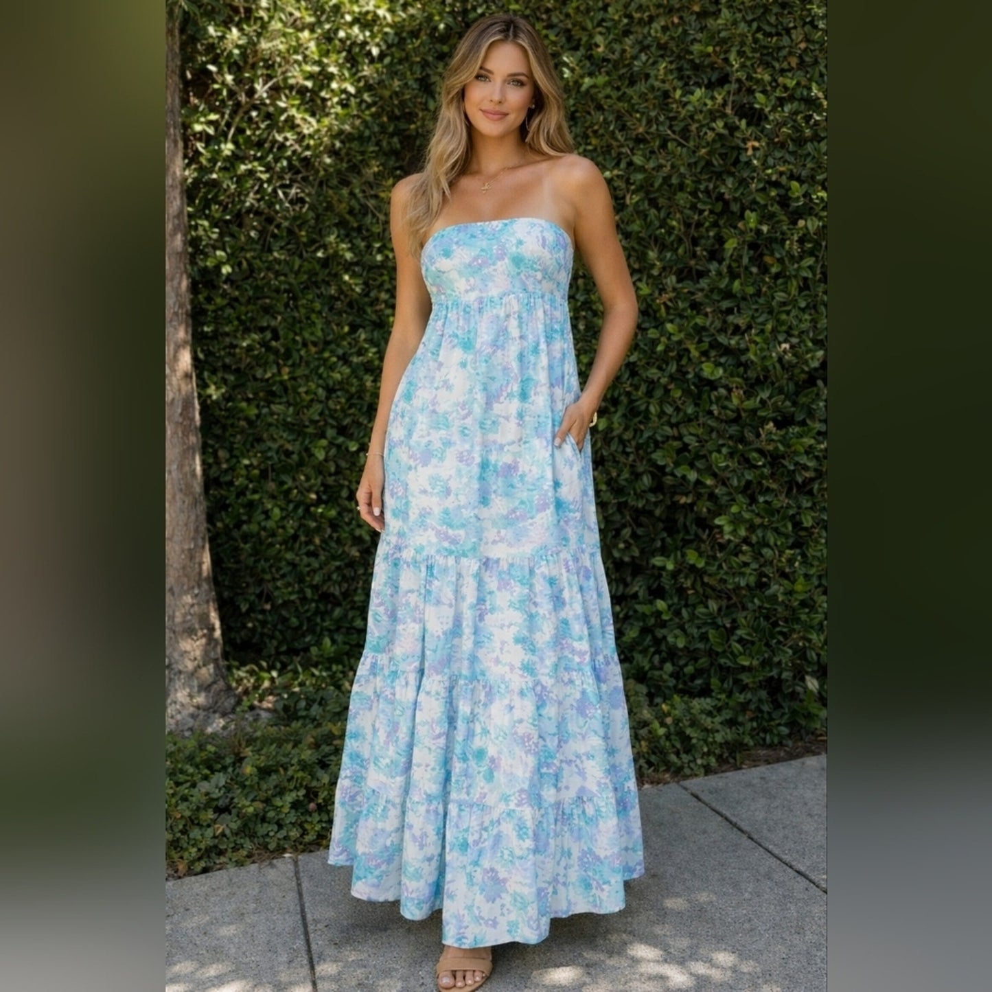 NWT Scarlett Strapless Blue Floral Maxi Dress Wedding Guest, Spring B65