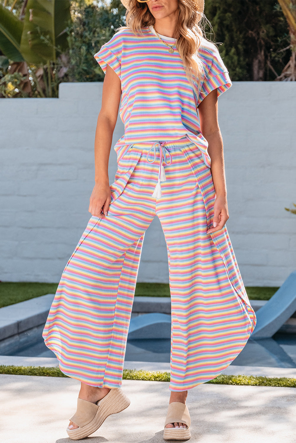 Pink Stripe Rainbow Tee Tasseled String Wide Leg Pants Set - Scarlett's Riverside Boutique 