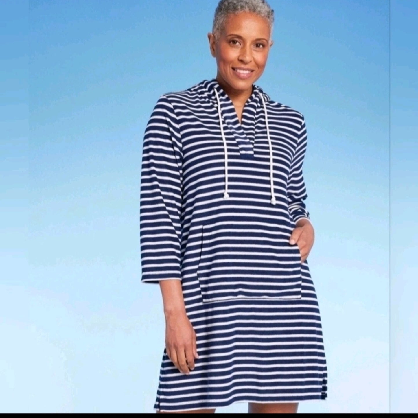 NWT-Lands' End Women's Striped V-Neck Terry Hooded Swimsuit Cover Up sz. S #G40
