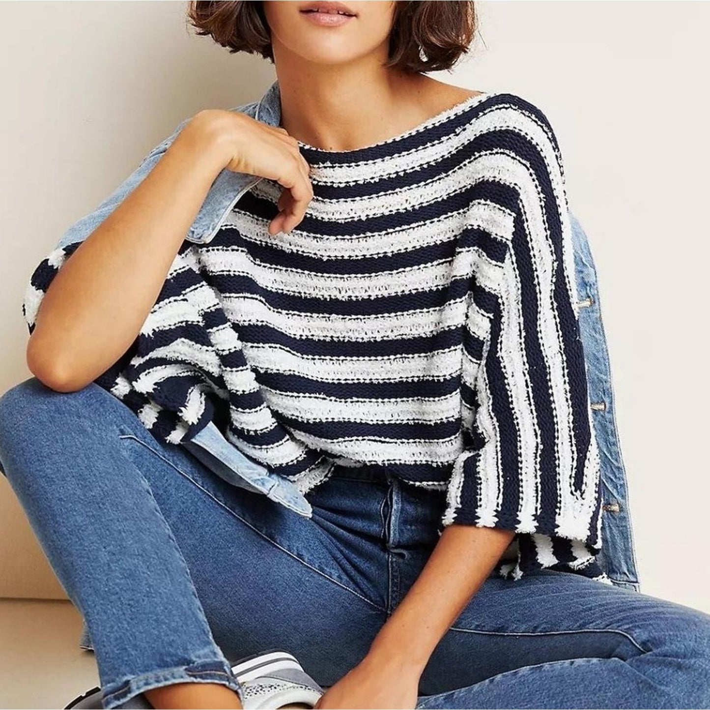 Kori America Size Large Black White Striped Knit Sweater Top Short Sleeve Lightw