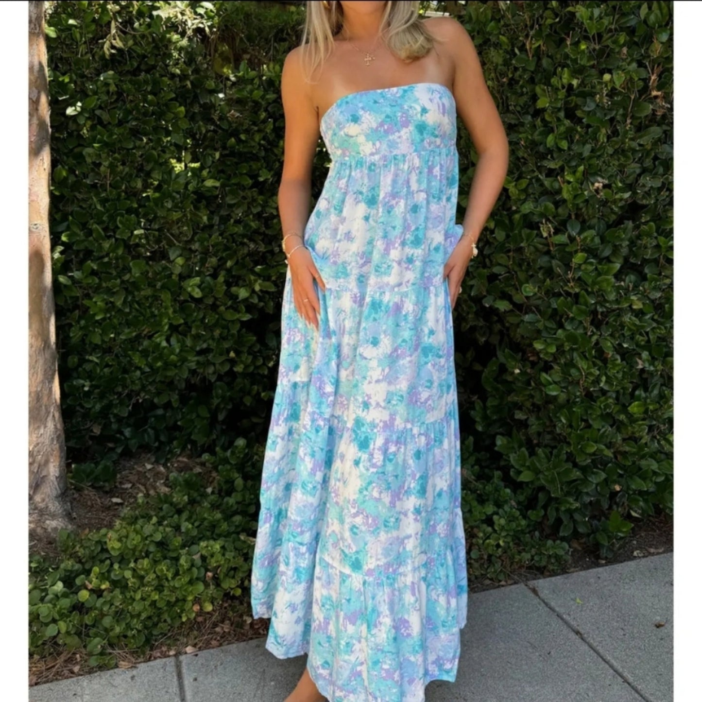 NWT Scarlett Strapless Blue Floral Maxi Dress Wedding Guest, Spring B65