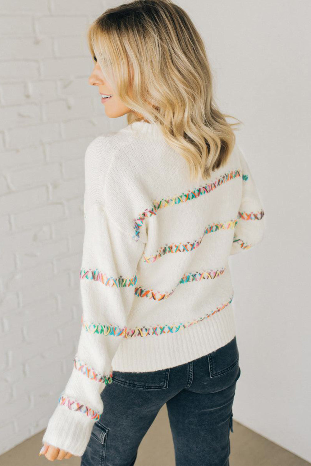 White Colorful Crossed Stitch Drop Shoulder Sweater - Scarlett's Riverside Boutique 