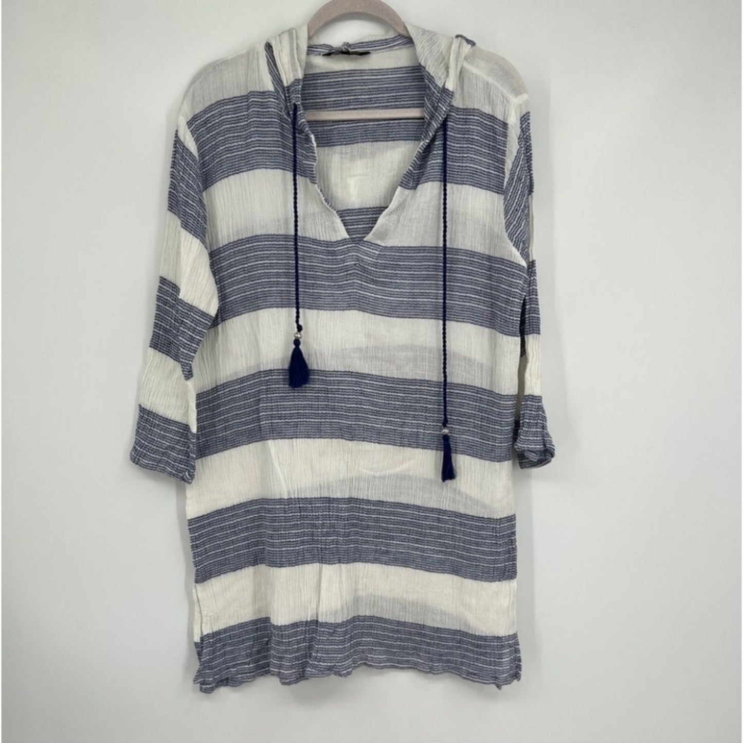 Spiaggia Dolce Striped Cotton Tassel Drawstring Hooded Swim Coverup Top