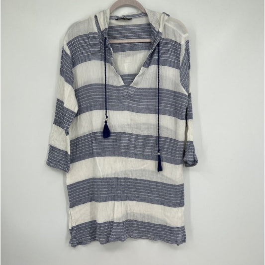 Spiaggia Dolce Striped Cotton Tassel Drawstring Hooded Swim Coverup Top