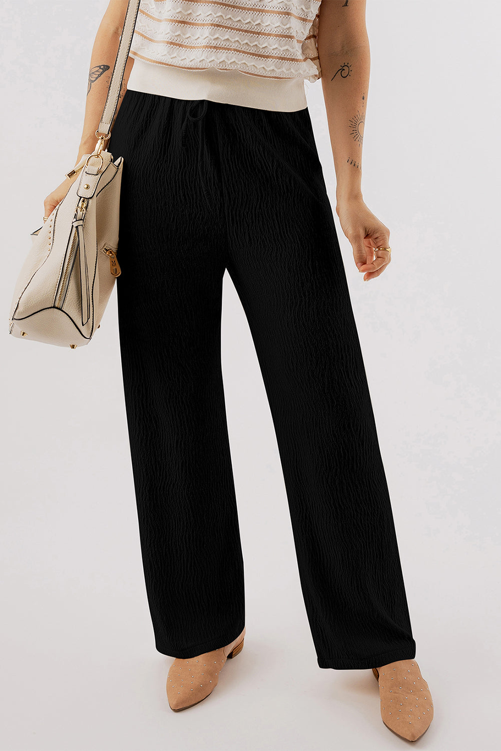 Black Textured Loose Drawstring Pants - Scarlett's Riverside Boutique 