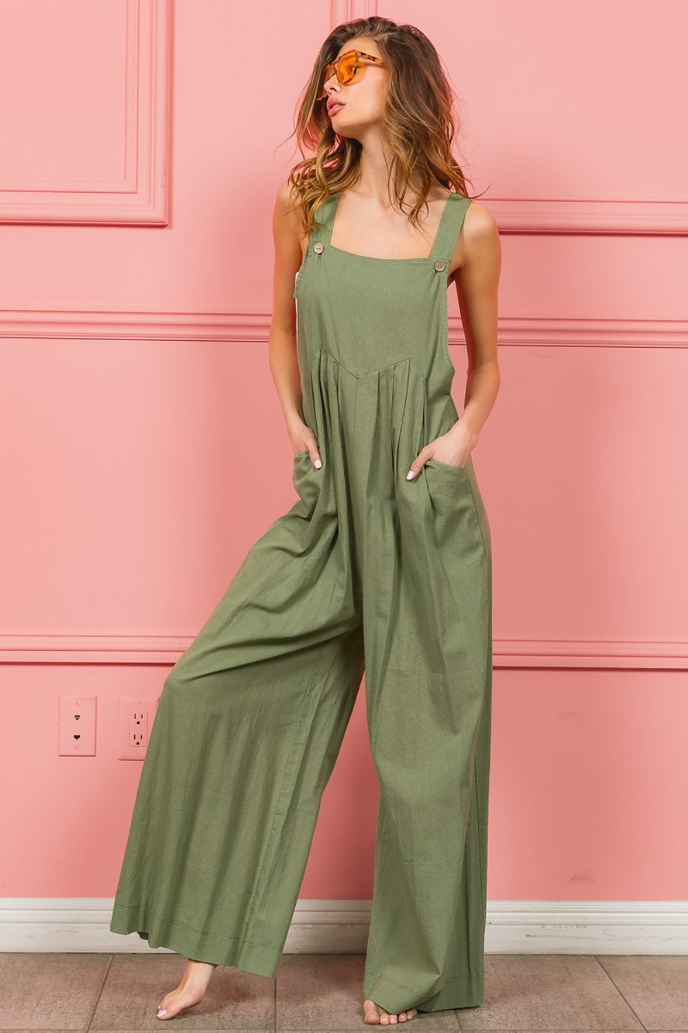 BiBi Ruched Wide Leg Overalls with Pockets - Scarlett's Riverside Boutique 