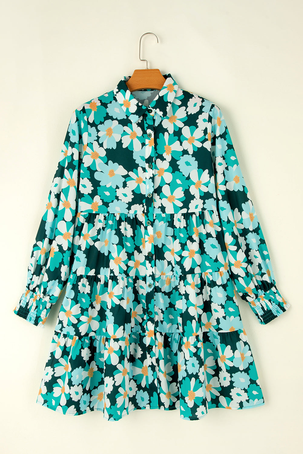 Green Floral Tiered Long Puff Sleeve Shirt Dress - Scarlett's Riverside Boutique 