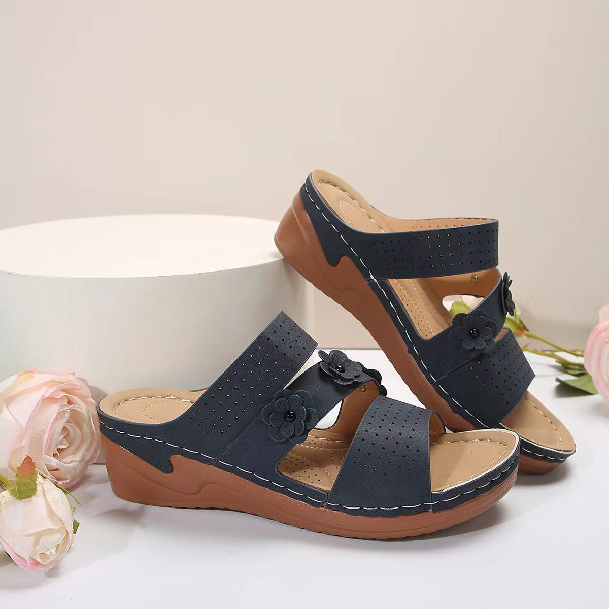 Flower PU Leather Wedge Sandals - Scarlett's Riverside Boutique 