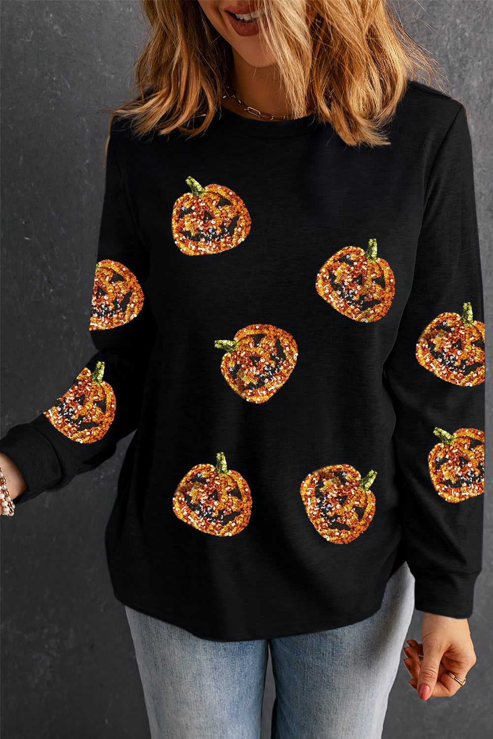 Black Halloween Sequin Pumpkin Face Pullover Long Sleeve Top - Scarlett's Riverside Boutique 