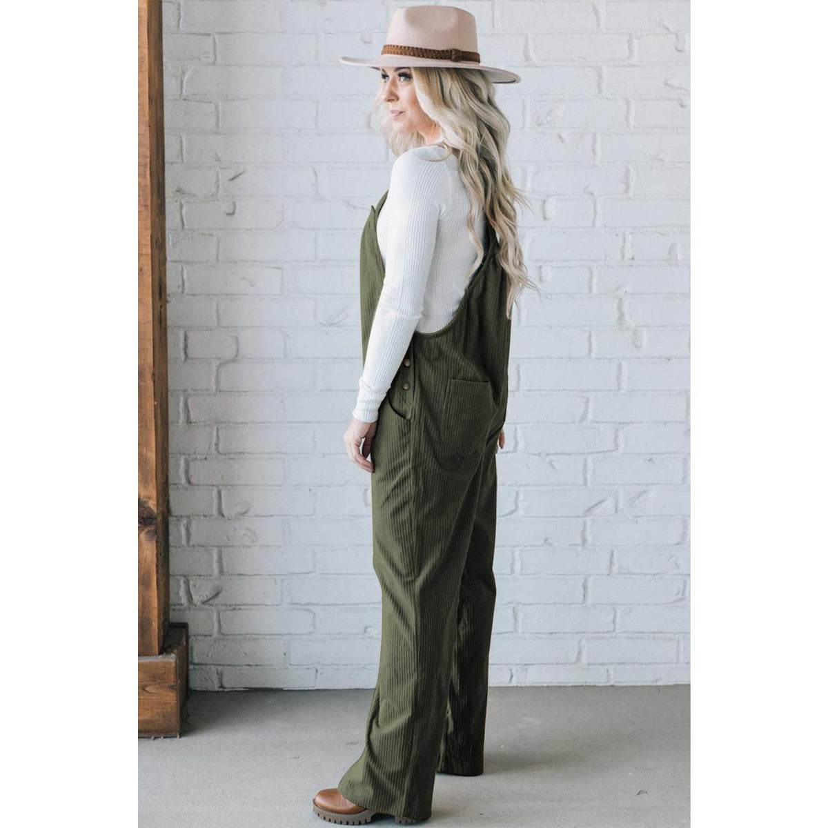 Jungle Green Solid Pocketed Loose Fit Corduroy Overall Bottoms Chic