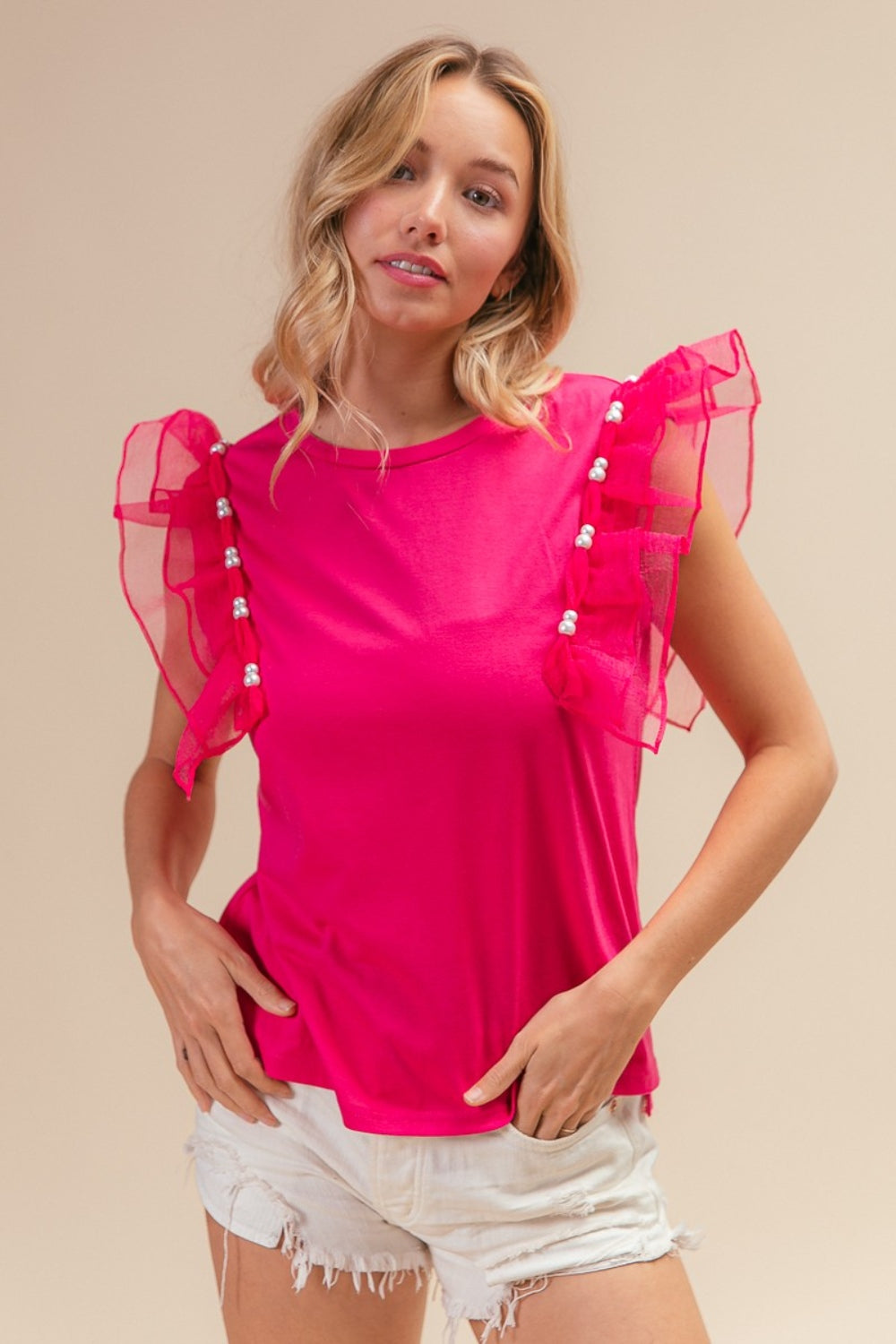 BiBi Pearl Decor Mesh Ruffle Sleeve Top - Scarlett's Riverside Boutique 