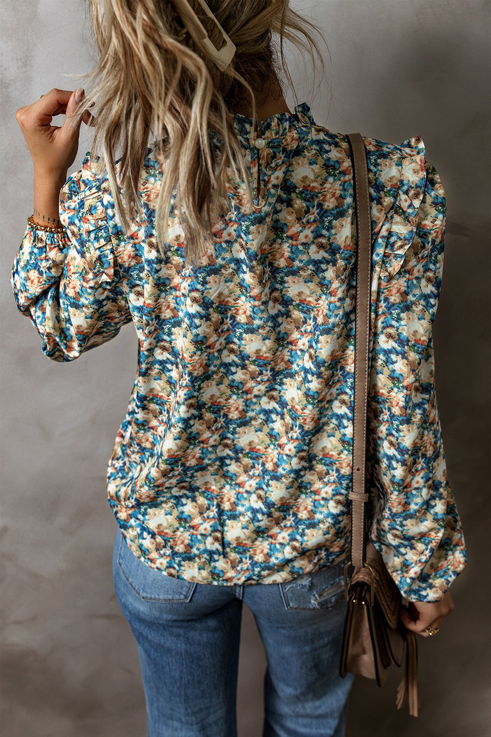 Sky Blue Floral Print Frilled Mock Neck Puff Sleeve Blouse - Scarlett's Riverside Boutique 