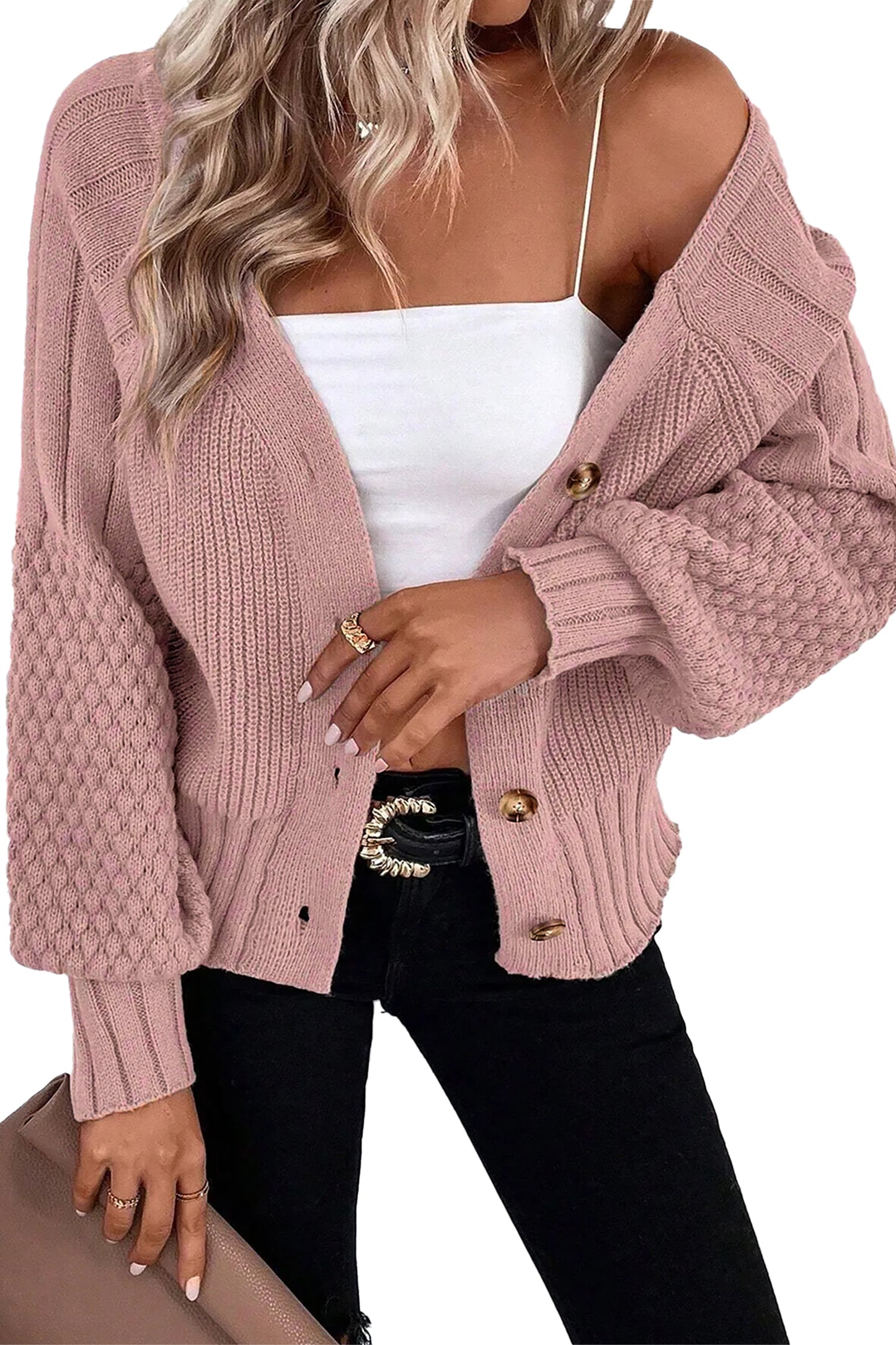 Soft Taupe Balloon-Sleeve Button Cardigan ✨