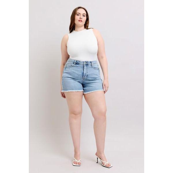 Judy Blue Full Size Tummy Control Raw Hem Denim Shorts Plus Size