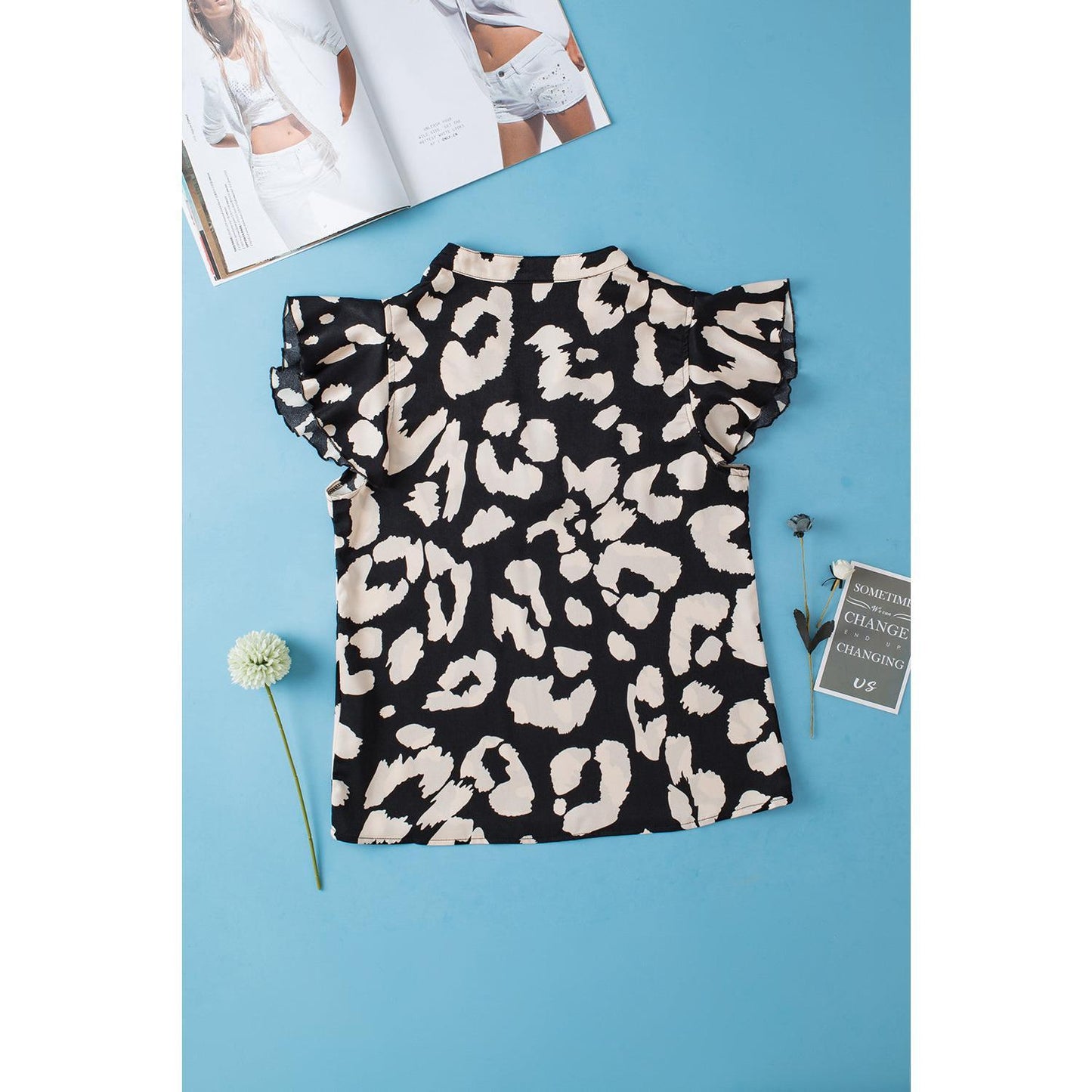 Black Leopard Ruffled Flutter Sleeve Split Neck Blouse Print Sexy Womenswear Animal Feminine Top Shirts Piece