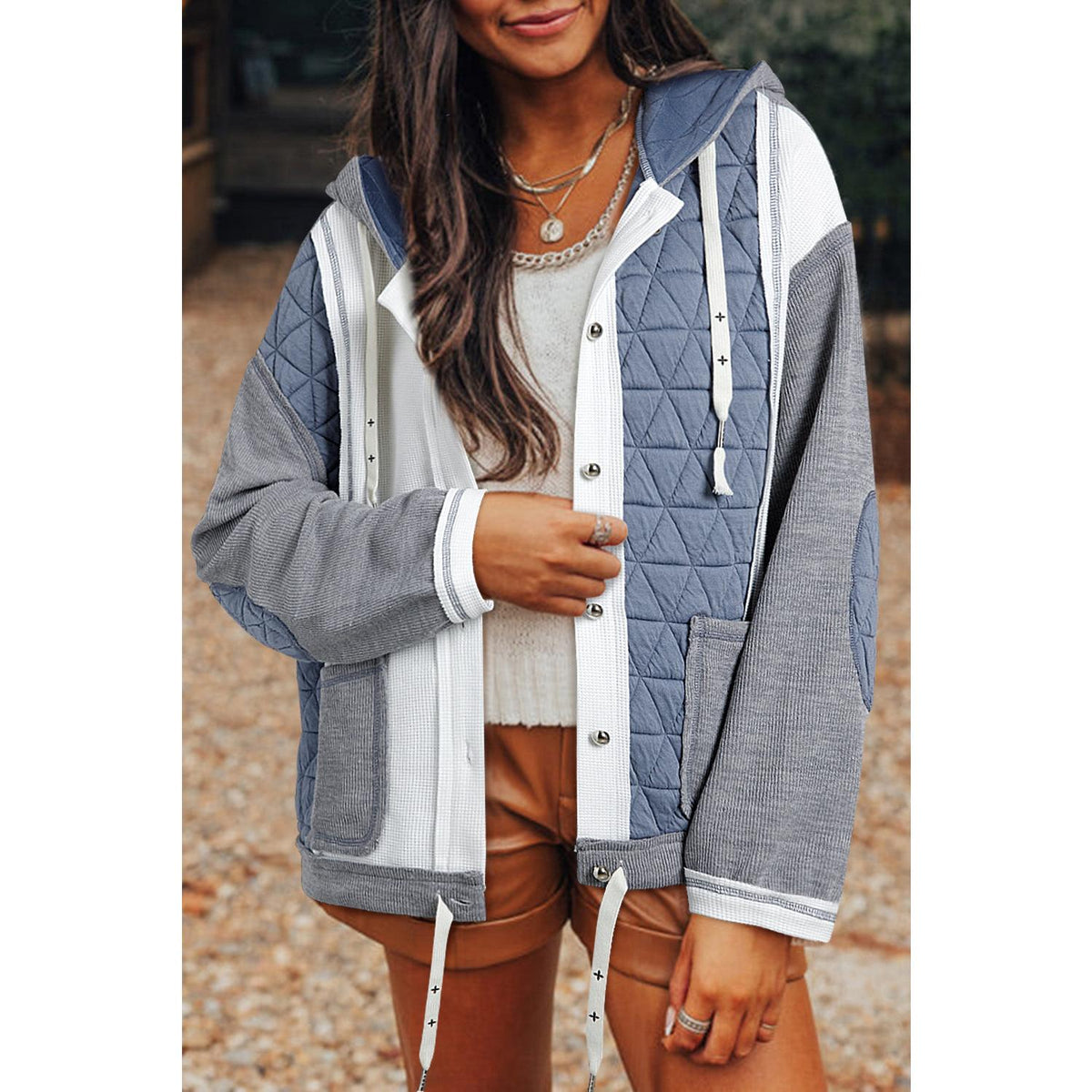 Blue Quilted Patchwork Loose Fit Hooded Jacket
