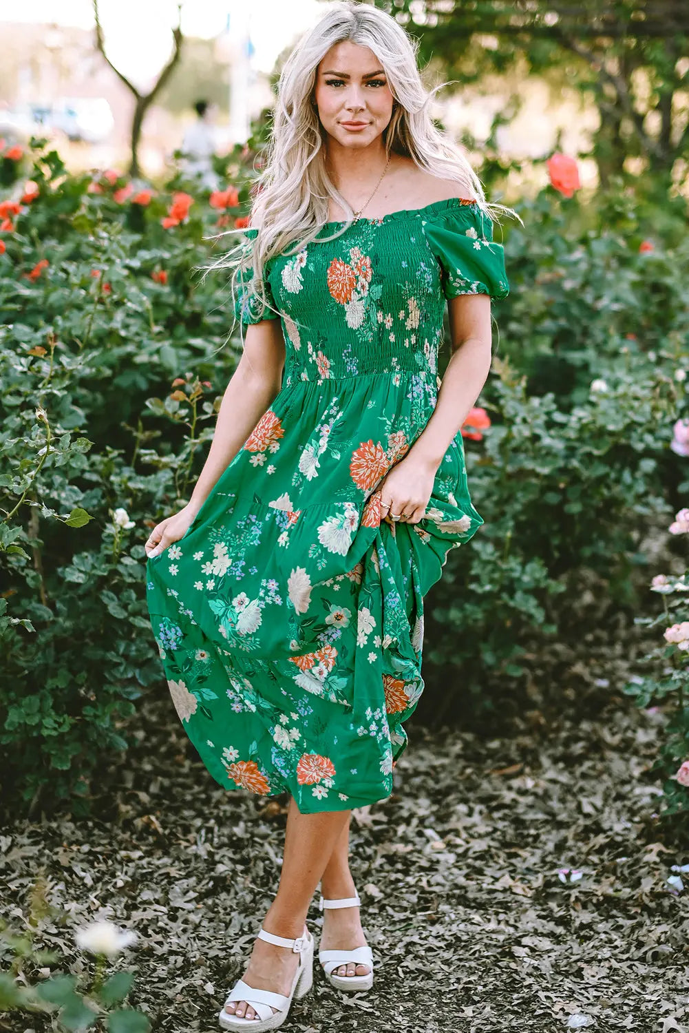 Green Floral Print Bubble Sleeve Smocked Tiered Midi Dress - Scarlett's Riverside Boutique 