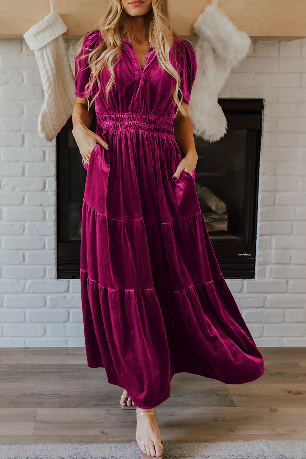 Red Dahlia Velvet Short Sleeve Shirred Waist Tiered Maxi Dress - Scarlett's Riverside Boutique 