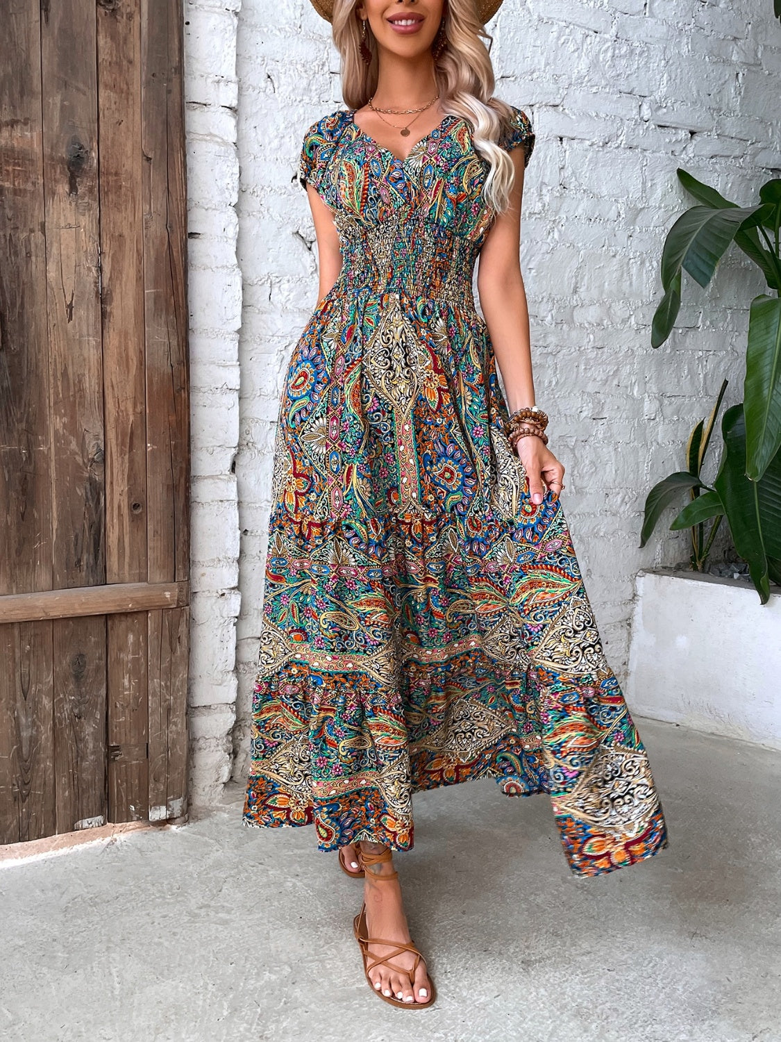 Smocked Printed Cap Sleeve Midi Dress - Scarlett's Riverside Boutique 