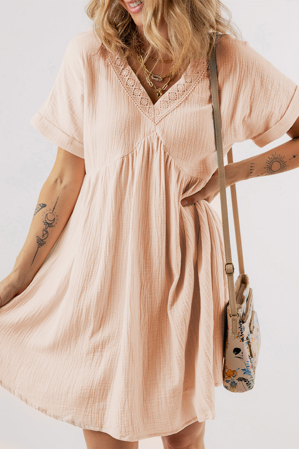 Beige Folded Short Sleeve Lace V Neck Mini Dress