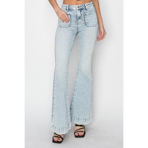 Risen Full Size High Rise Front Patch Pocket Flare Jeans Tummy Control Bootcut Jeans High-Rise Bootcut Denim Bottoms