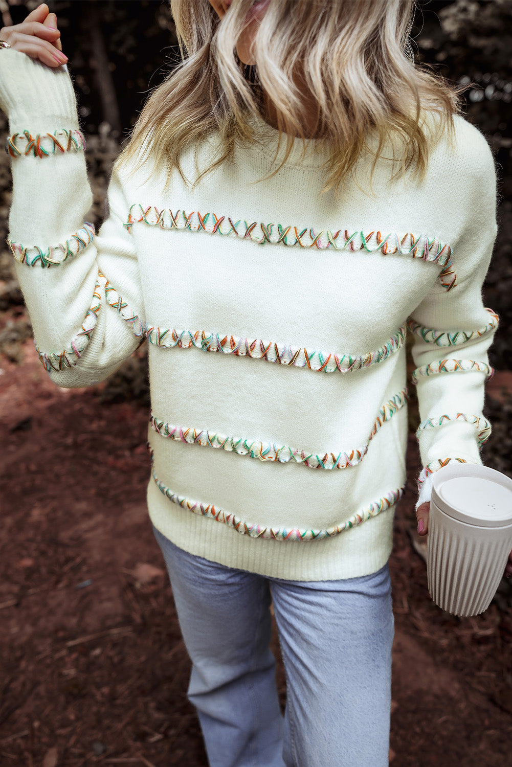 White Colorful Crossed Stitch Drop Shoulder Sweater - Scarlett's Riverside Boutique 