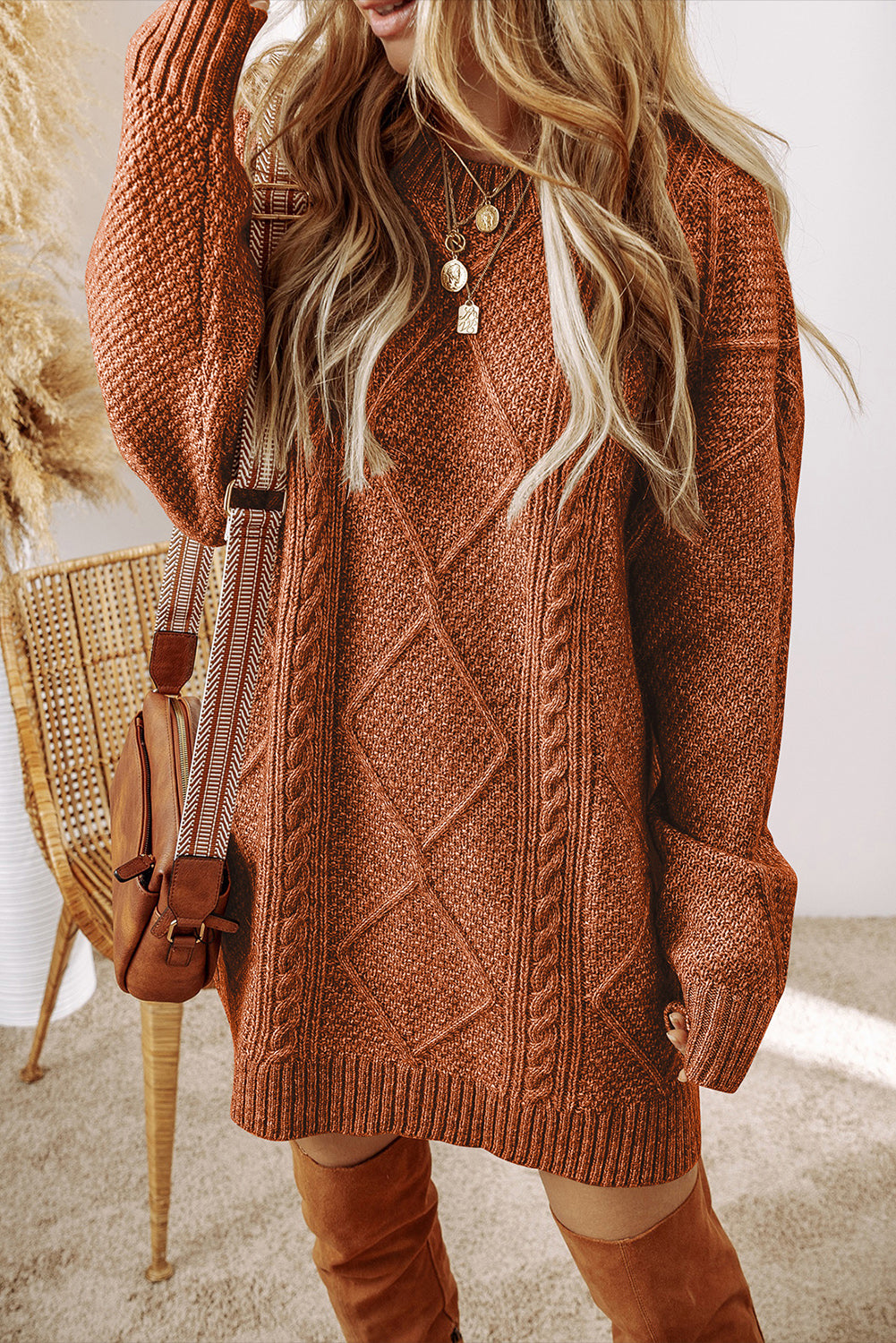 Coffee Cable Knit Drop Shoulder Loose Fit Sweater Dress - Scarlett's Riverside Boutique 