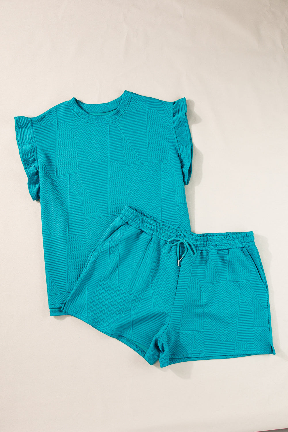 Skobeloff Textured Ruffle Split Top and Drawstring Shorts - Scarlett's Riverside Boutique 