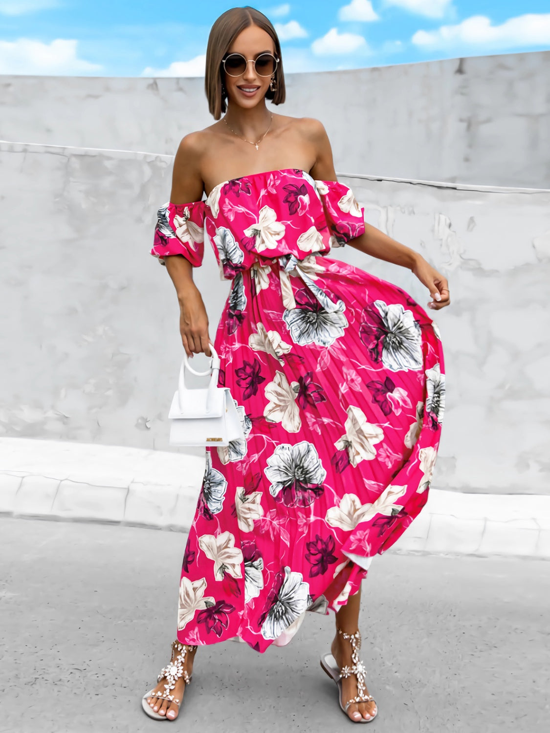 Pleated Floral Off-Shoulder Short Sleeve Midi Dress - Scarlett's Riverside Boutique 