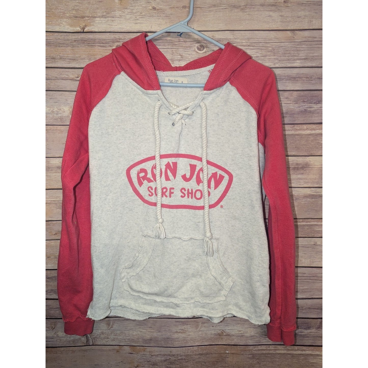 Ron Jon Surf Shop Hoodie Womens Small Red Gray Lace Up Pullover Sweatshirt