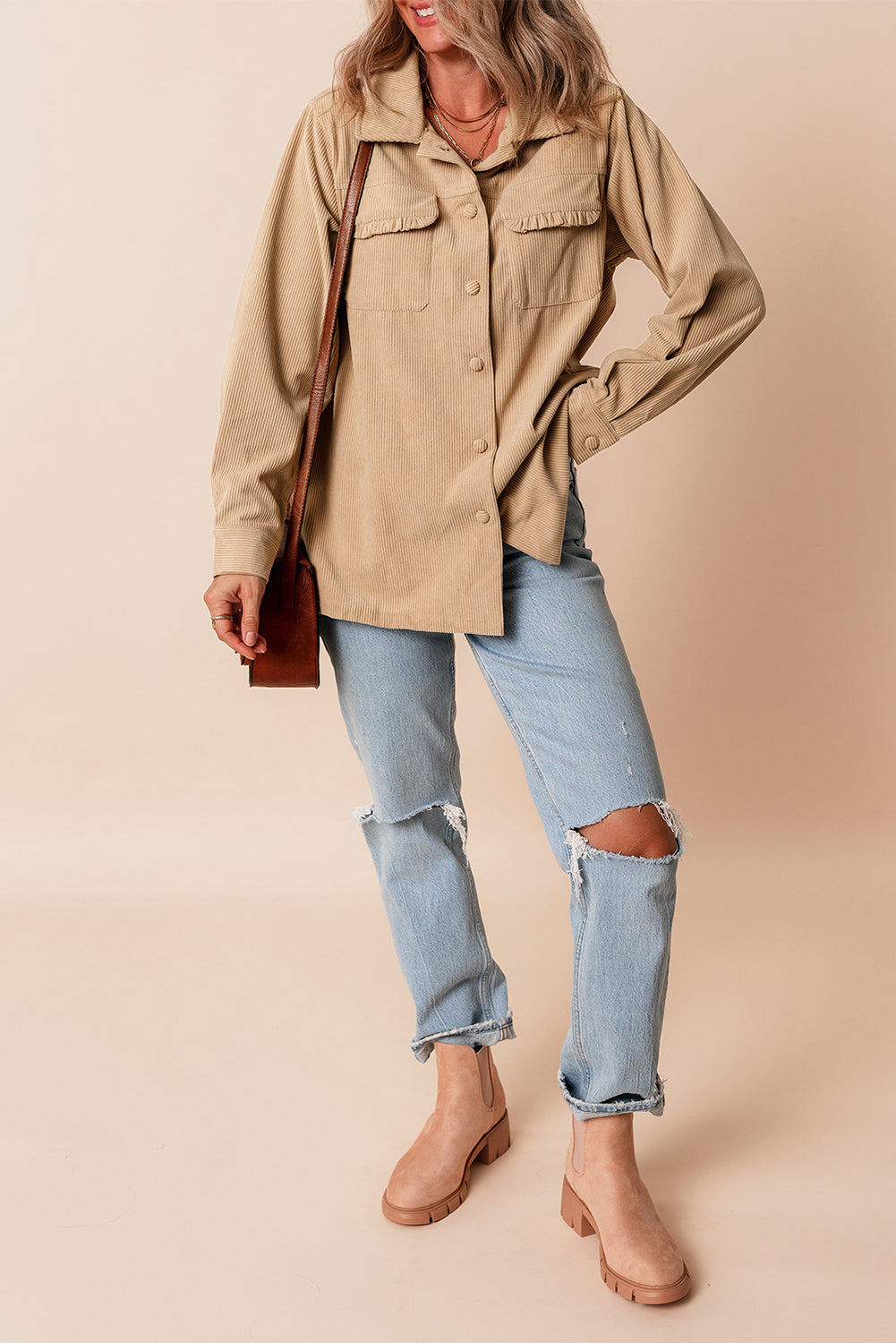 Light French Beige Solid Frilled Flap Pocket Button Up Corduroy Shacket - Scarlett's Riverside Boutique 