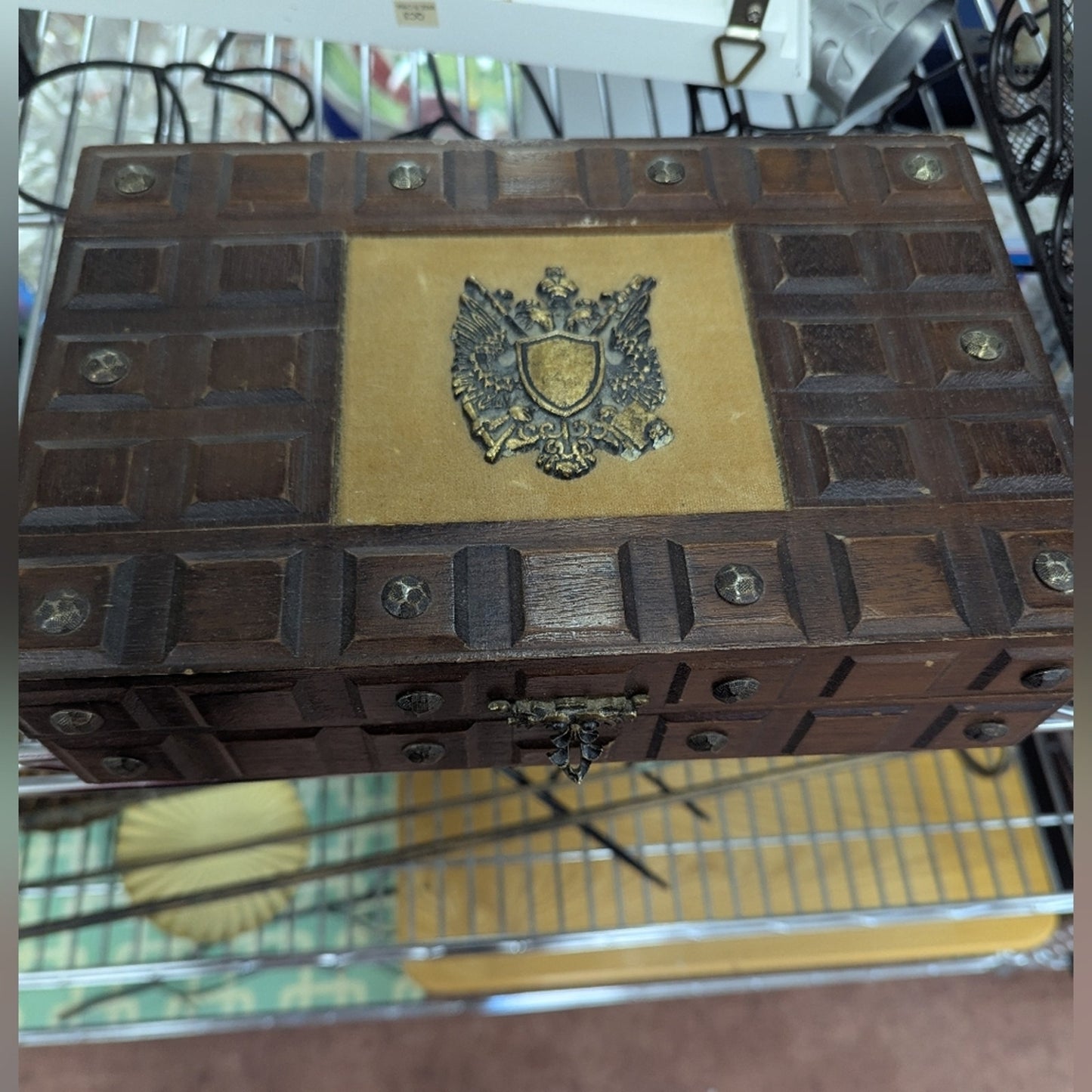 Vintage, Japanese Wood Jewelry Keepsake Box- Metal Double-Headed Eagle Crest