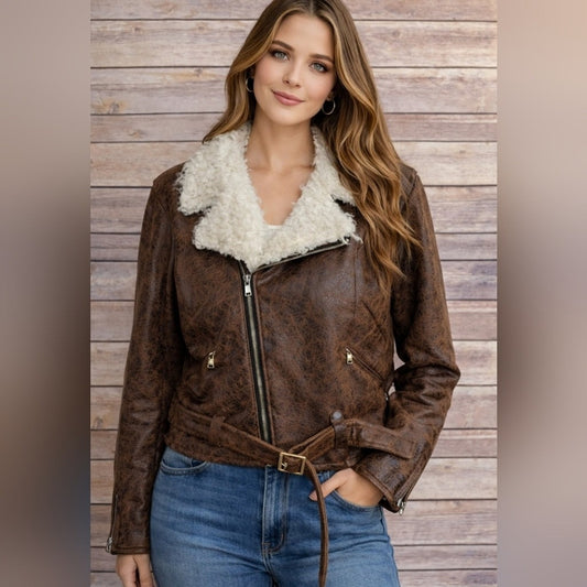Rachel Roy Brown Faux Leather Shearling Moto Jacket Aviator Belted Zip Coat