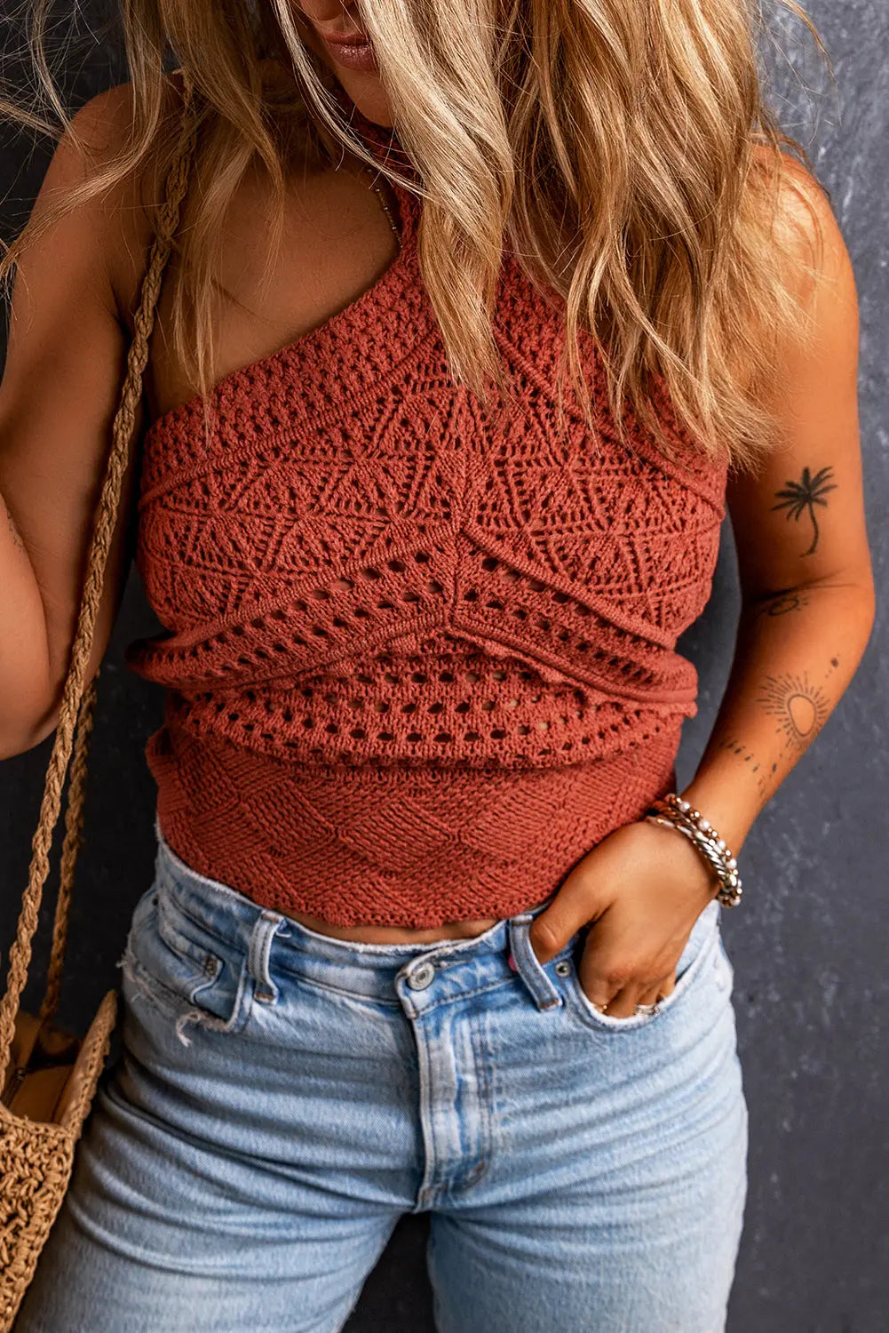 Red Clay Knit Crochet Halter Neck Backless Tank Top - Scarlett's Riverside Boutique 