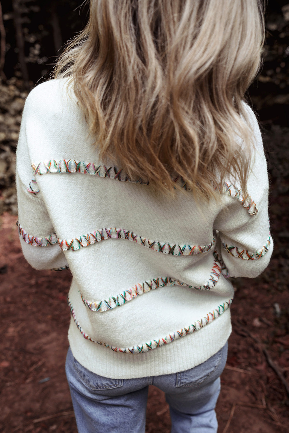 White Colorful Crossed Stitch Drop Shoulder Sweater - Scarlett's Riverside Boutique 