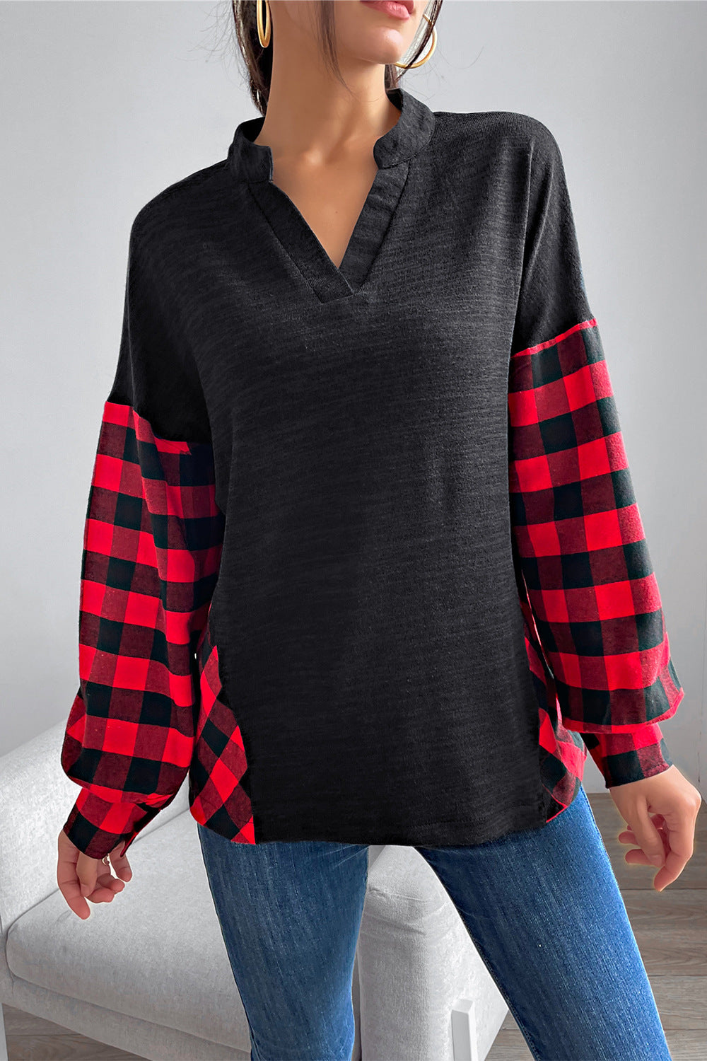 Buffalo Plaid Color Block Balloon Sleeve Top