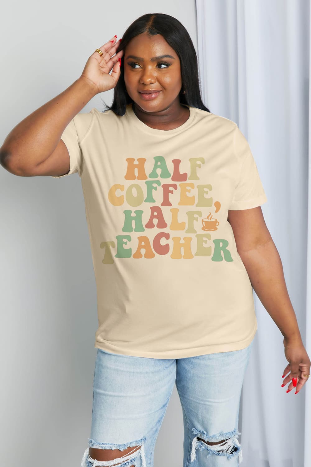 Simply Love Full Size HALF COFFEE HALF TEACHER Graphic Cotton Tee - Scarlett's Riverside Boutique 