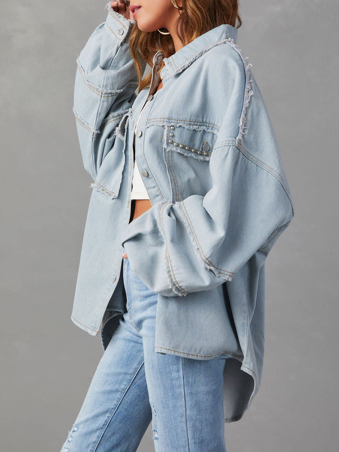 Button Down Raw Hem Denim Jacket - Scarlett's Riverside Boutique 