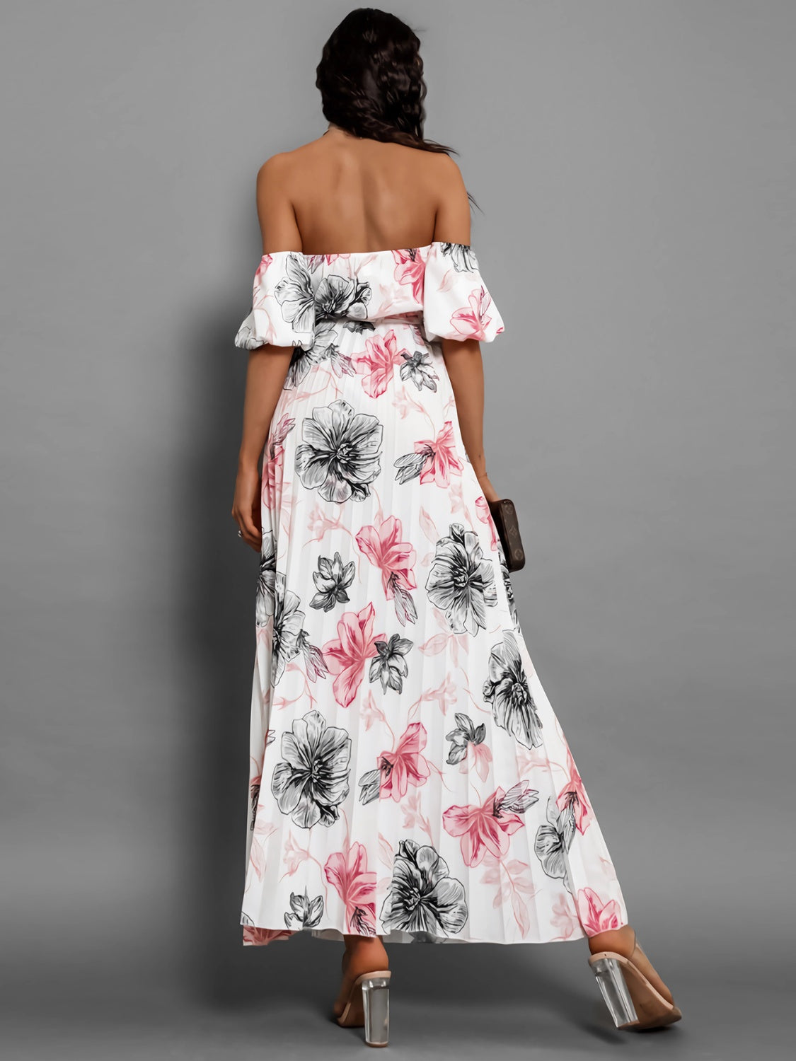 Pleated Floral Off-Shoulder Short Sleeve Midi Dress - Scarlett's Riverside Boutique 