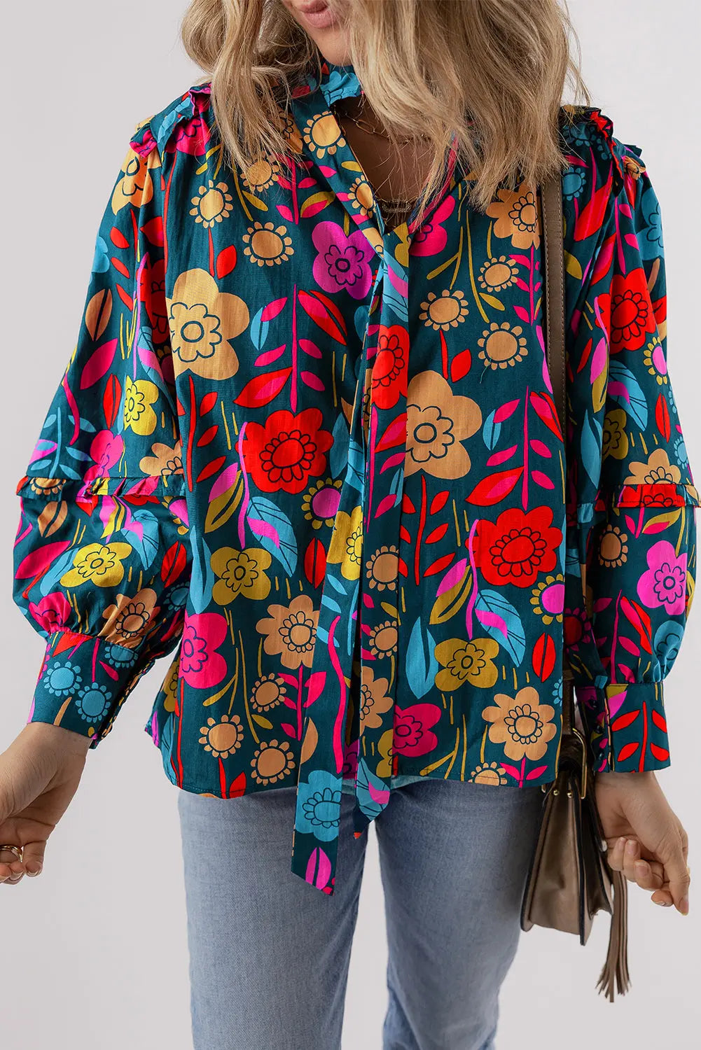 Green Floral Knot Split Neck Puff Sleeve Blouse - Scarlett's Riverside Boutique 